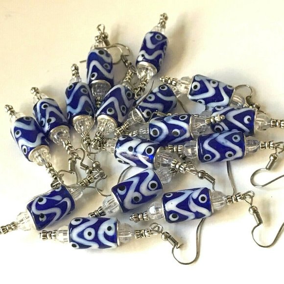 Silver Murano Art Glass Bead Earrings Blue White Cylinder Beads Dangle Plated - Picture 6 of 8